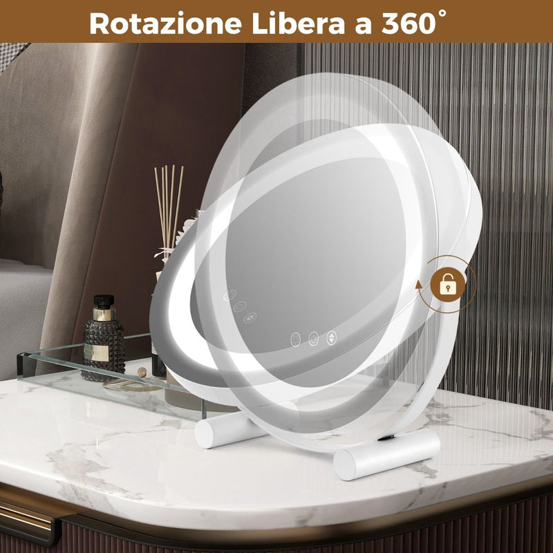 Specchio Da Toeletta Con Luci Luminosità Regolabile Controllo Tattile Intelligente, Specchio Rotondo Da 30Cm Bianco