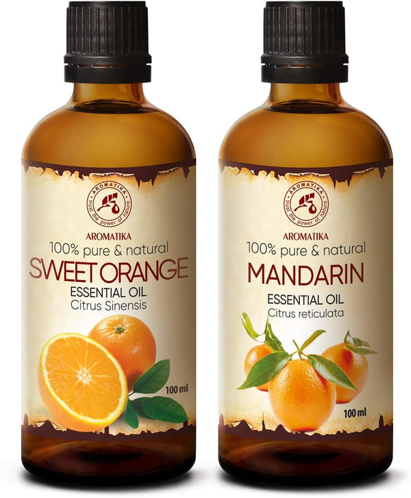 Olio Essenziale Set 2 X 100 Ml - Olio Di Arancia - Olio Di Mandarino - Pure & Natural - Olio per Massaggi - Olio per Il Corpo - Olio Cosmetico - Oli Naturali per La Cura Della Pelle