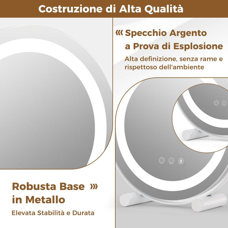 Specchio Da Toeletta Con Luci Luminosità Regolabile Controllo Tattile Intelligente, Specchio Rotondo Da 30Cm Bianco