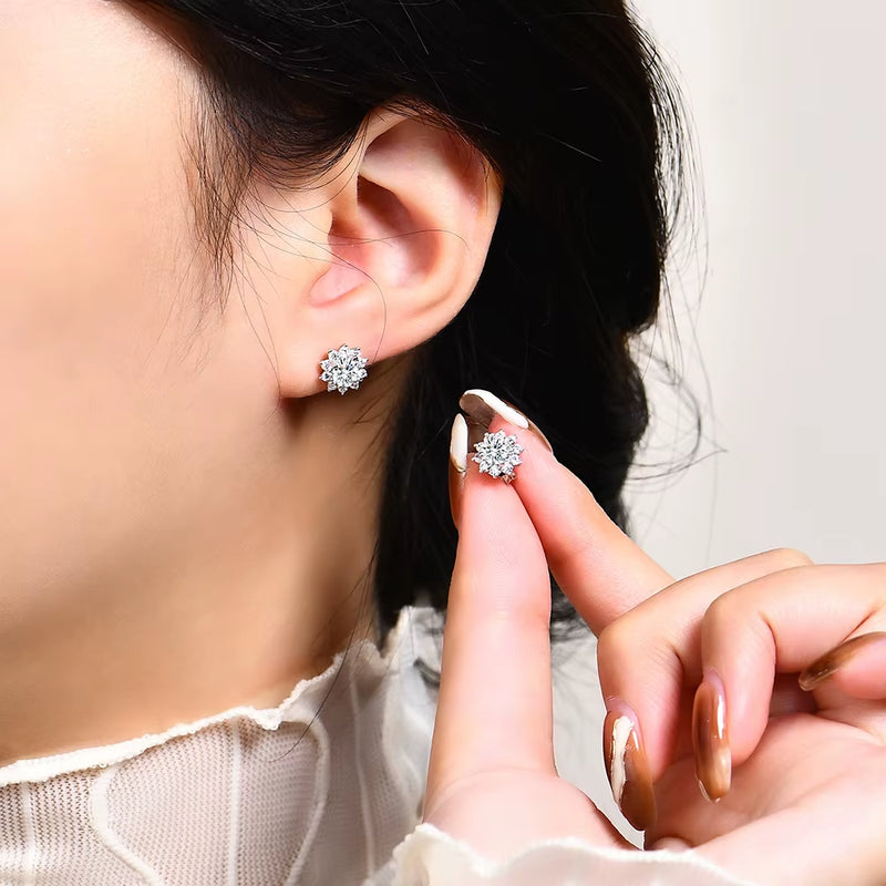 Snowflake Stud Earrings 925 Sterling Silver Jewelry 6.5Mm 1.0 Carat Diamond Moissanite Earrings for Women Wedding Gift
