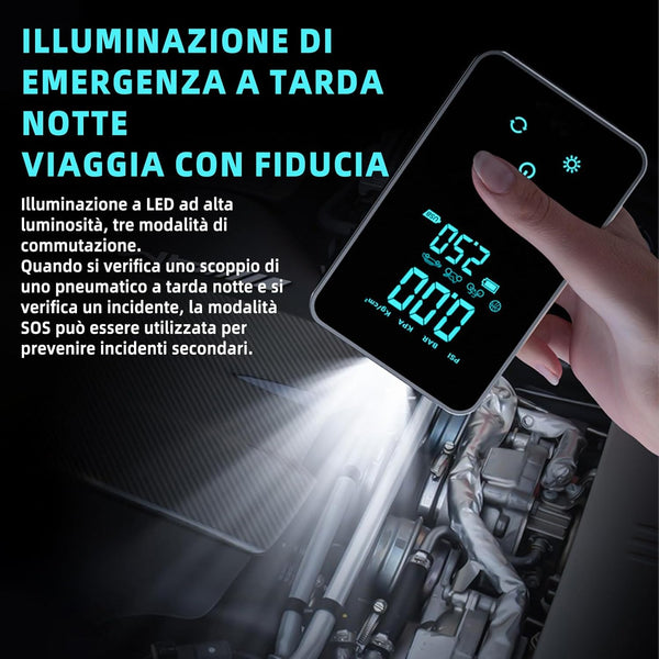 Compressore Aria Portatile,Compressore Auto Con Schermo LCD Digitale E Torcia LED,5 Modalità Di Gonfiabili Con 4 Ugelli Diversi per Bici/Moto/Biciclette/Palloni