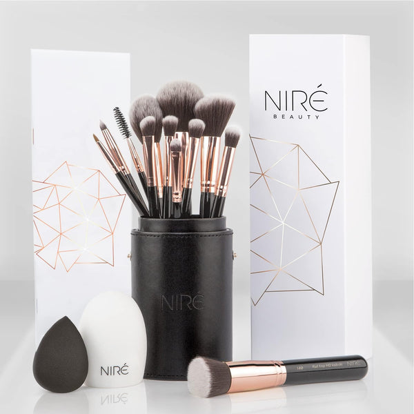Beauty Set Pennelli Make up Professionali 15 Pezzi: Pennelli Trucco Vegani, Blender, Porta Pennelli, Pulitore Pennelli Trucco, Guida E Box Regalo