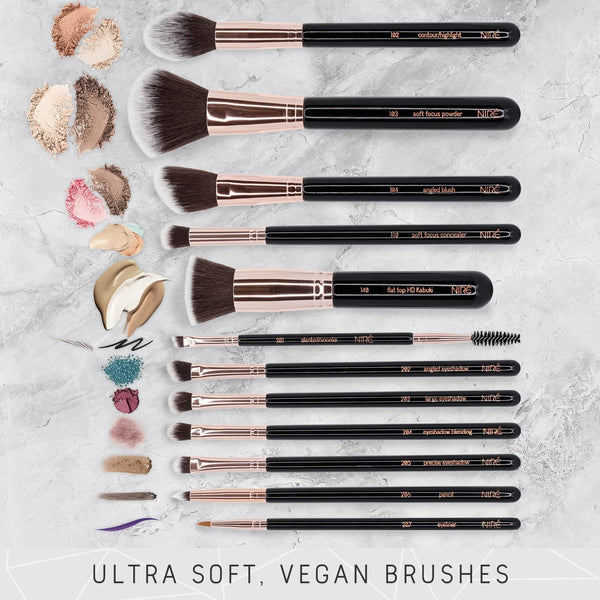 Beauty Set Pennelli Make up Professionali 15 Pezzi: Pennelli Trucco Vegani, Blender, Porta Pennelli, Pulitore Pennelli Trucco, Guida E Box Regalo