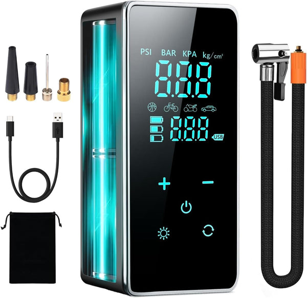 Compressore Aria Portatile,Compressore Auto Con Schermo LCD Digitale E Torcia LED,5 Modalità Di Gonfiabili Con 4 Ugelli Diversi per Bici/Moto/Biciclette/Palloni