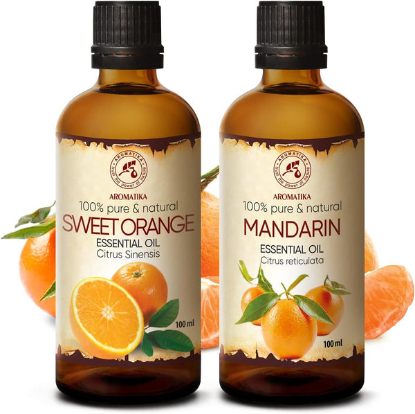Olio Essenziale Set 2 X 100 Ml - Olio Di Arancia - Olio Di Mandarino - Pure & Natural - Olio per Massaggi - Olio per Il Corpo - Olio Cosmetico - Oli Naturali per La Cura Della Pelle